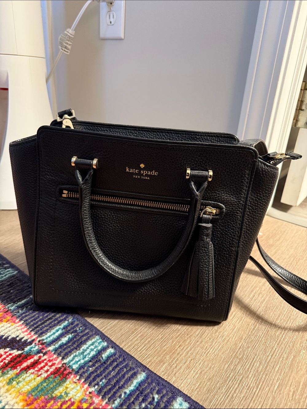 kate spade black pebbled leather satchel with tassel